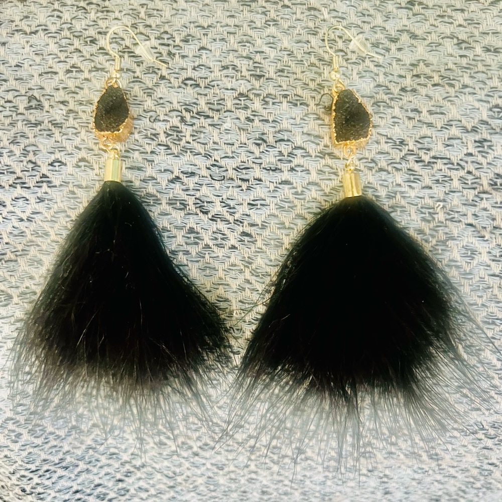 Anthropologie Black Feather Tassel Druzy Earrings with Gold Accents Jewelry